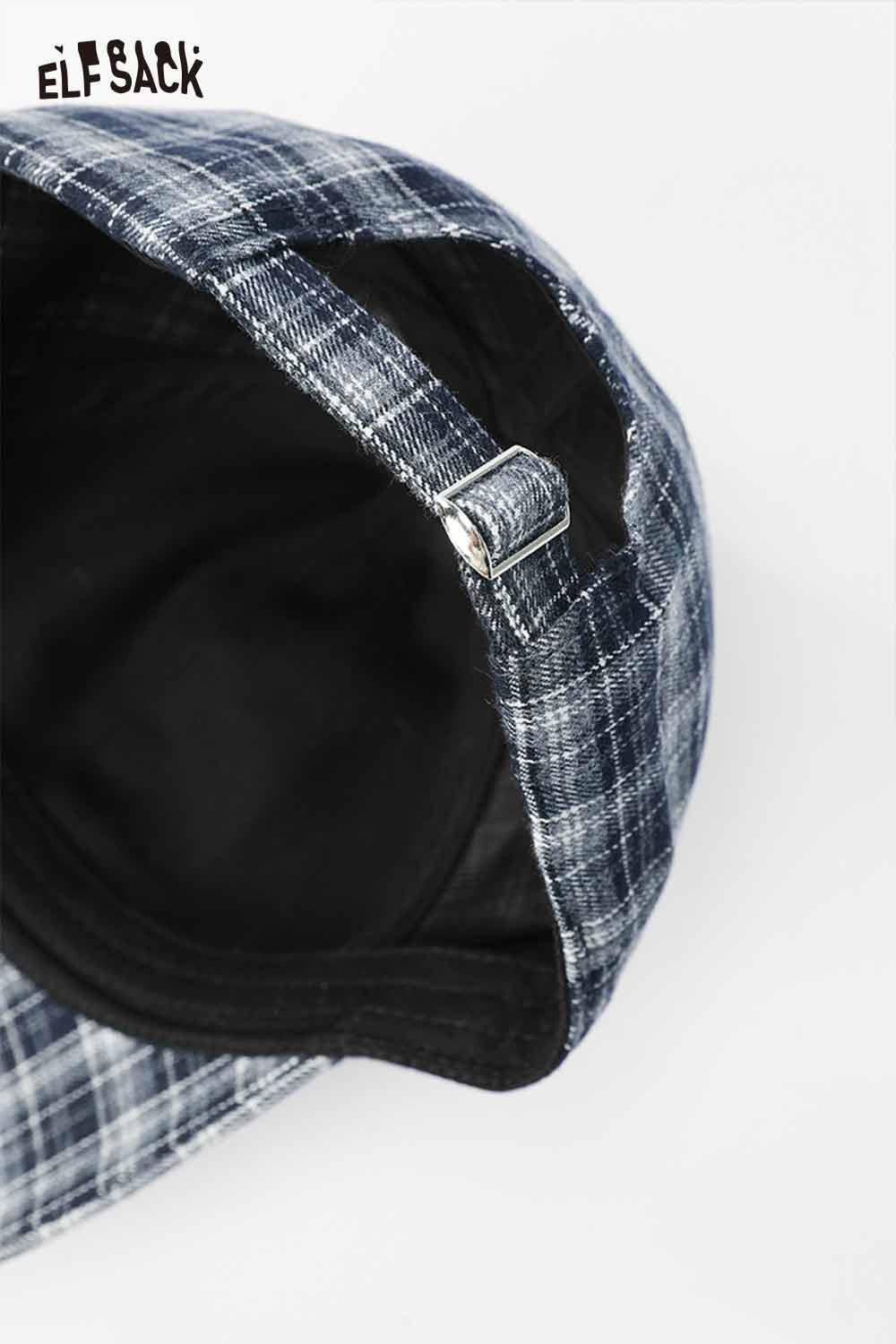 Inside view of a preppy plaid baseball cap for women featuring a stylish plaid design