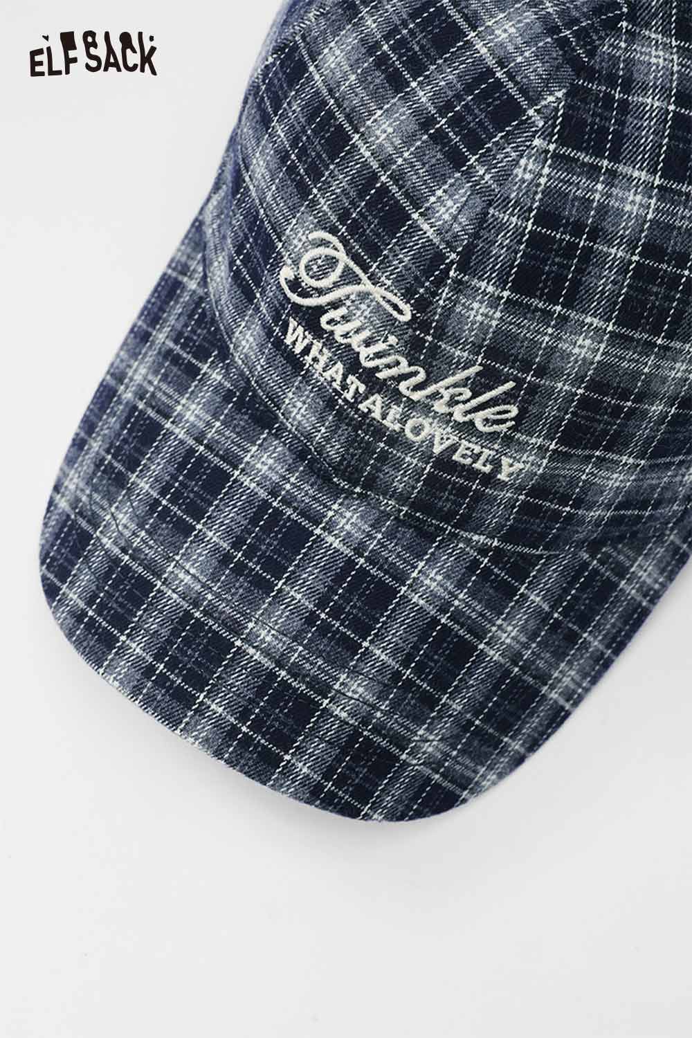 Navy preppy plaid baseball cap for women featuring embroidered 'Twinkle What a Lovely' design