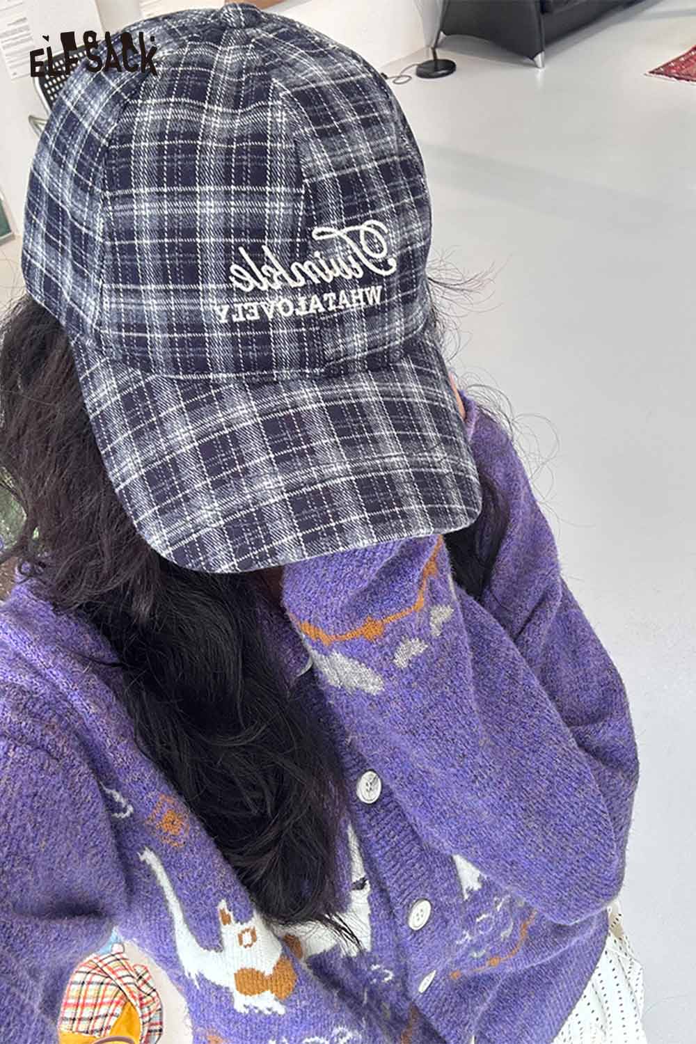 Stylish ELFSACK preppy plaid baseball cap for women with embroidered text for a chic look