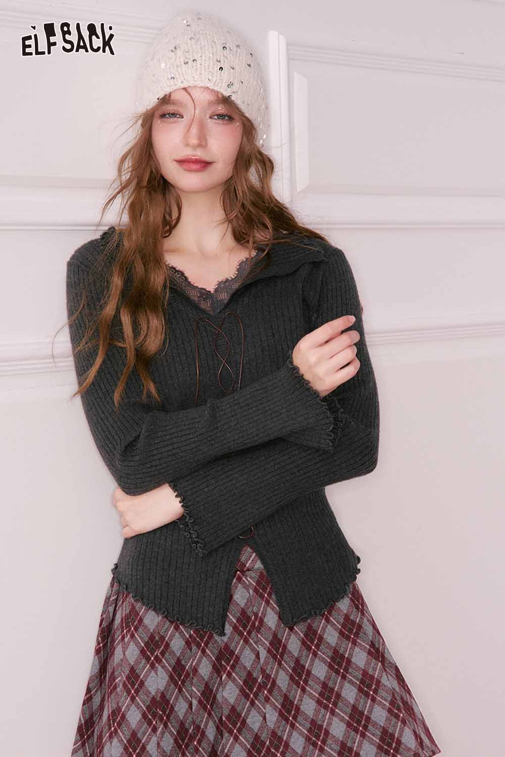 Stylish ELFSACK preppy plaid pleated short skirt paired with a cozy sweater and beanie