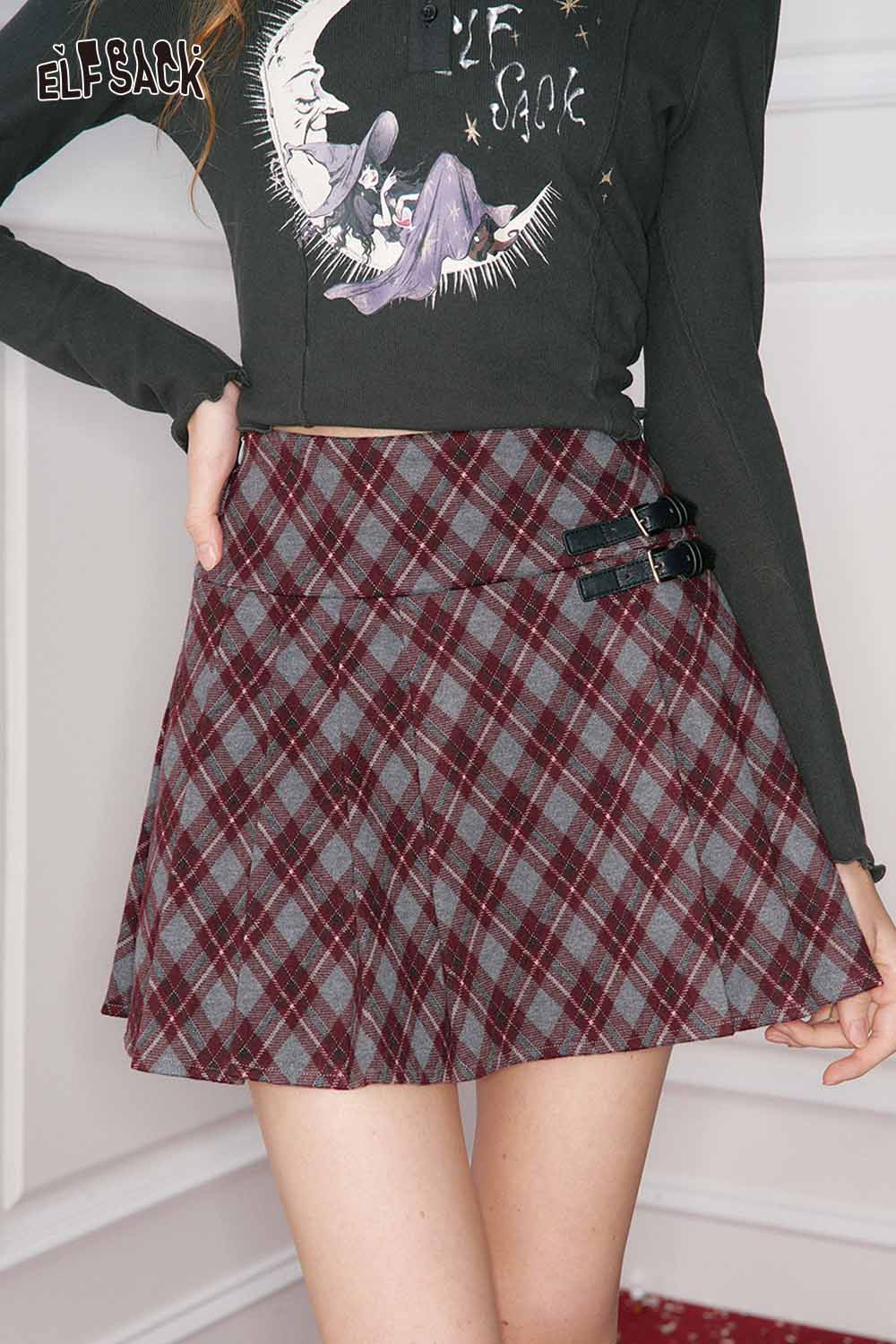 ELFSACK preppy plaid pleated short skirt in gray and burgundy with a stylish flared design