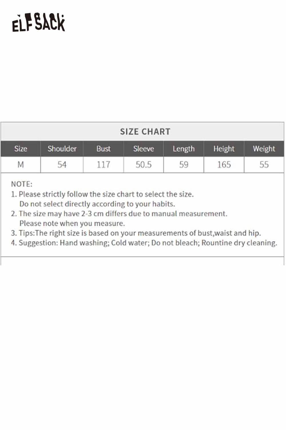 ELFSACK preppy round neck sweater size chart with measurements for perfect fit guidance