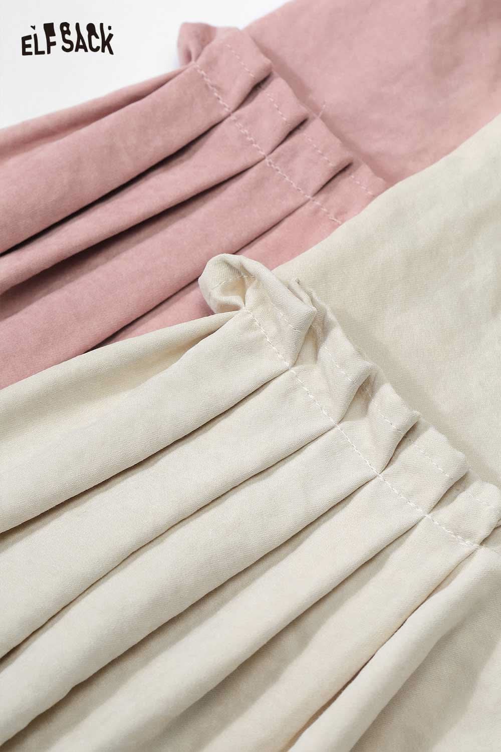 ELFSACK preppy ruffle sleeve shirt for women in pink and cream with elegant pleat details