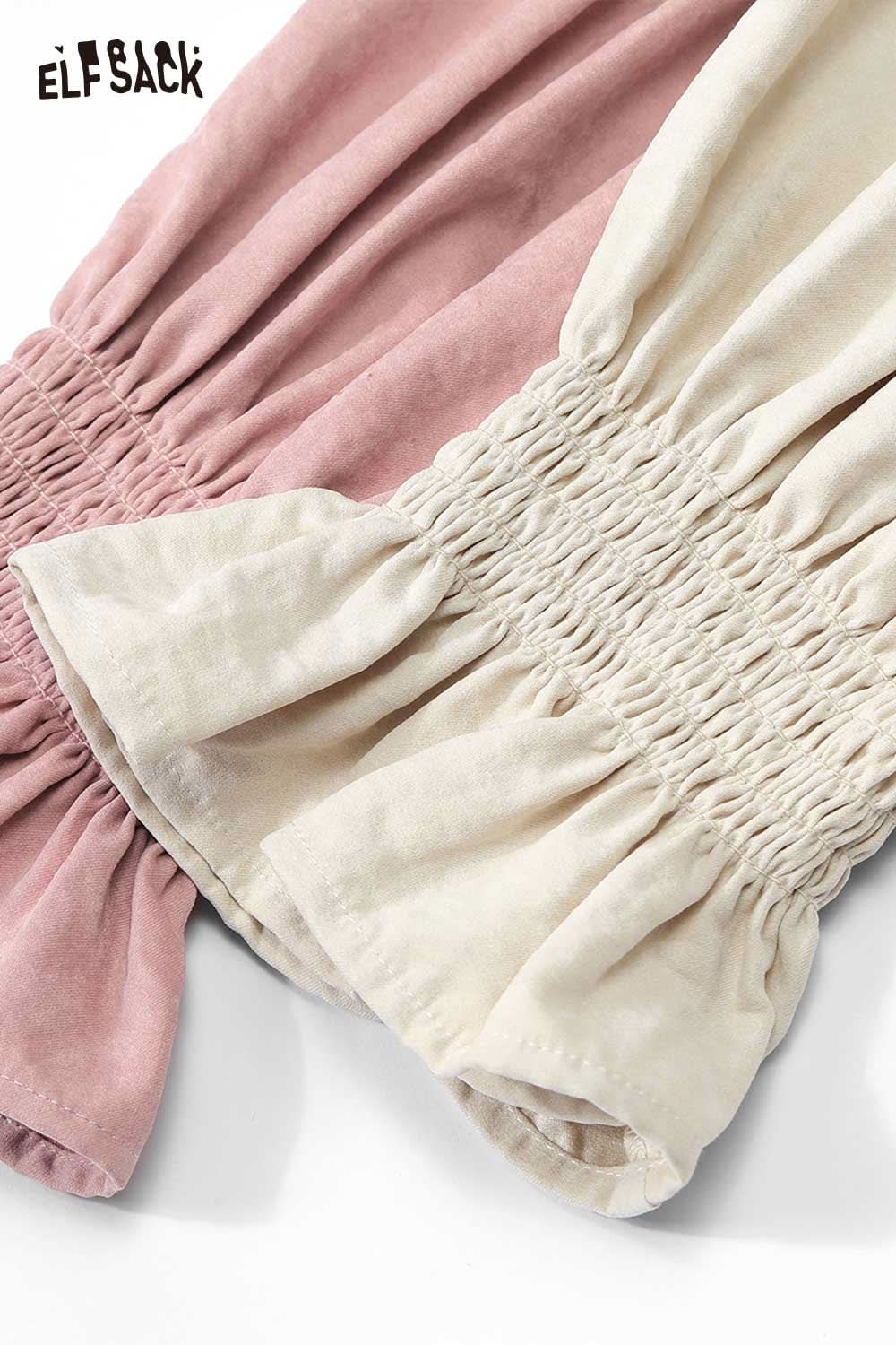ELFSACK preppy ruffle sleeve shirt for women in pink and cream with stylish smocked detail