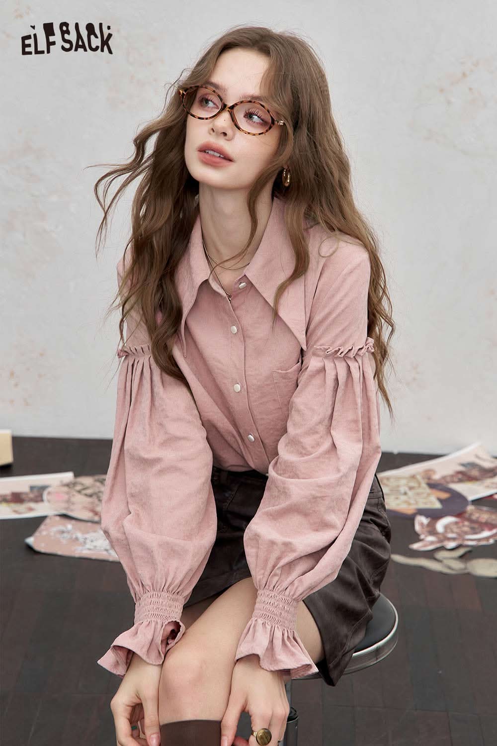 ELFSACK preppy ruffle sleeve shirt for women in soft pink with stylish balloon sleeves