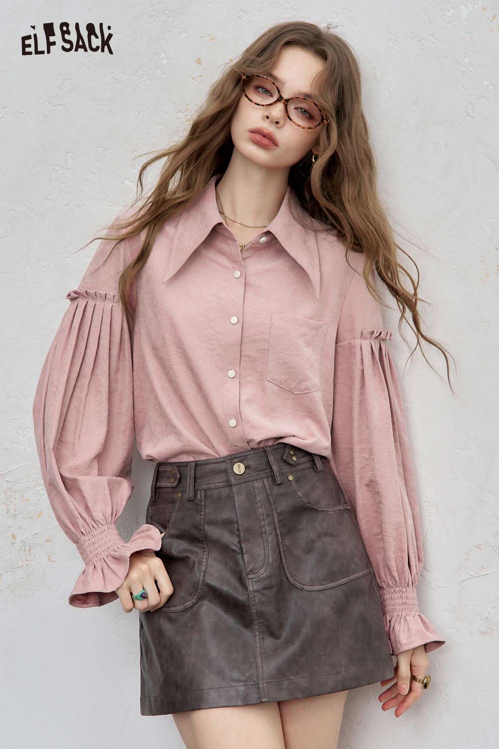 ELFSACK preppy ruffle sleeve shirt for women in soft pink with stylish details and a relaxed fit