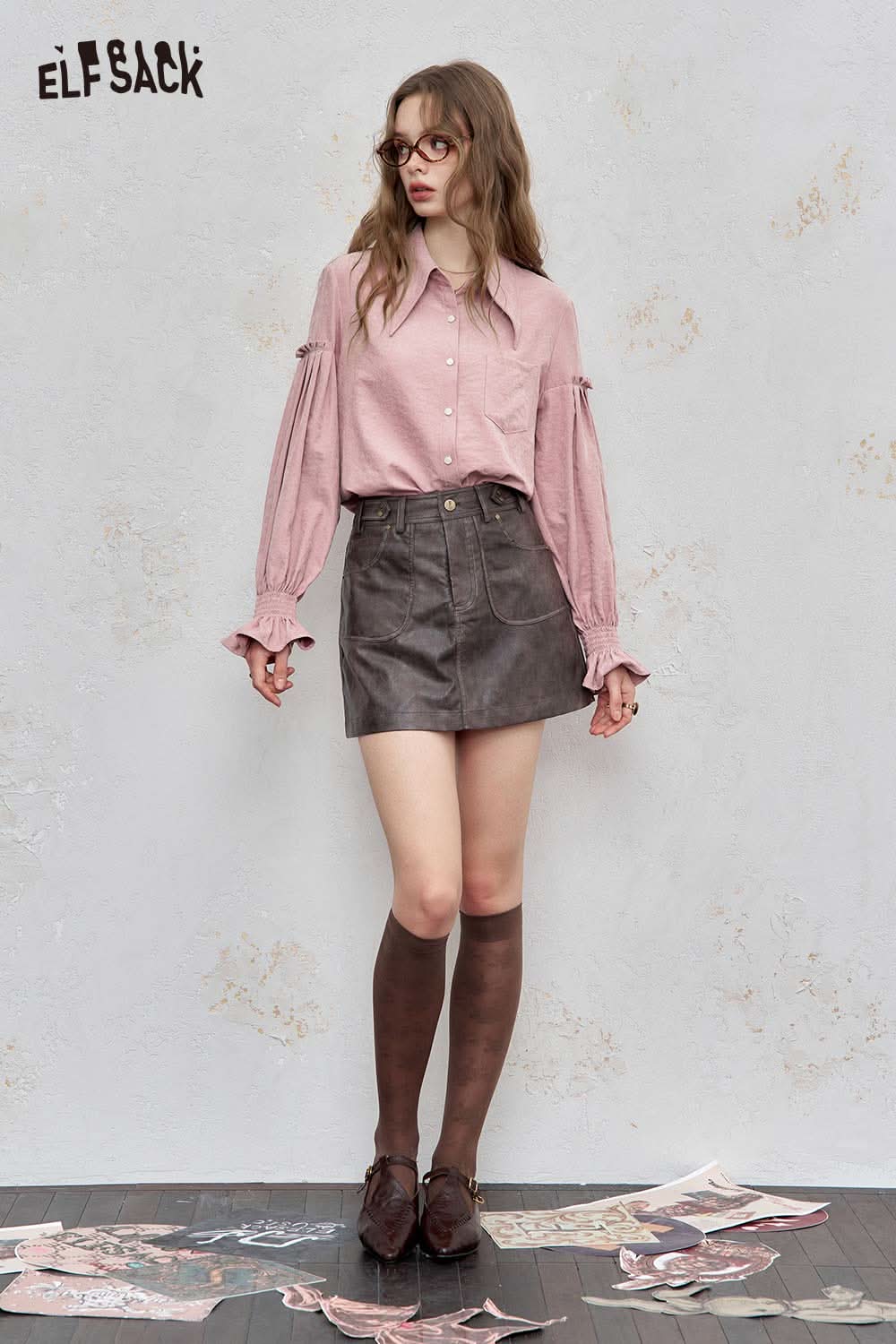 ELFSACK preppy ruffle sleeve shirt for women in pink with stylish design for a trendy look