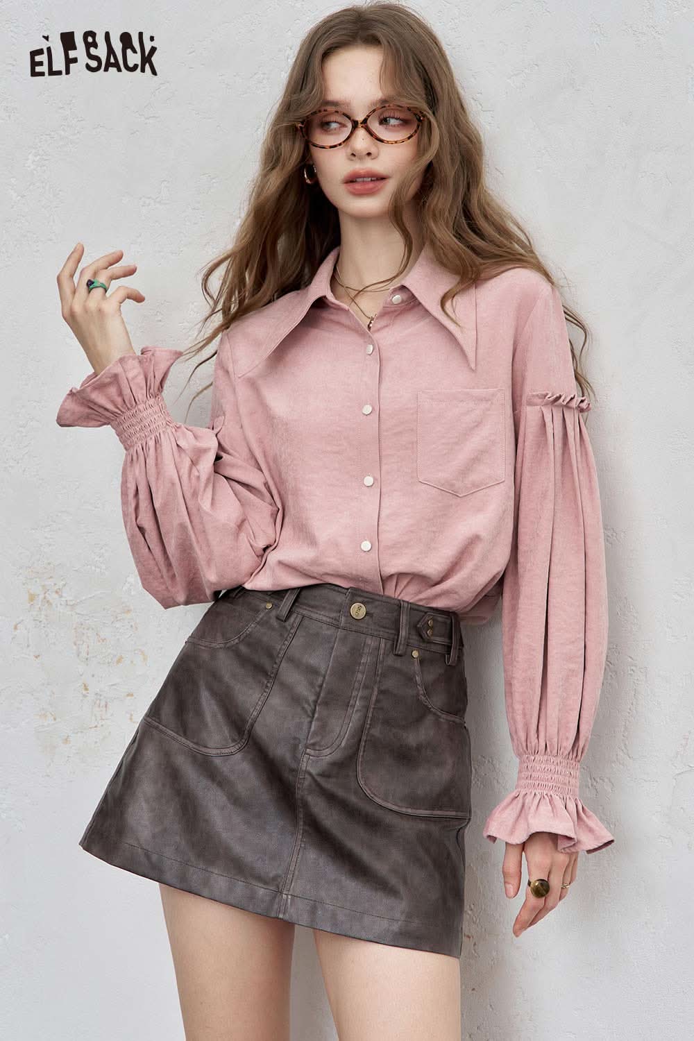 ELFSACK preppy ruffle sleeve shirt for women in pink with elegant puff sleeves and a classic collar
