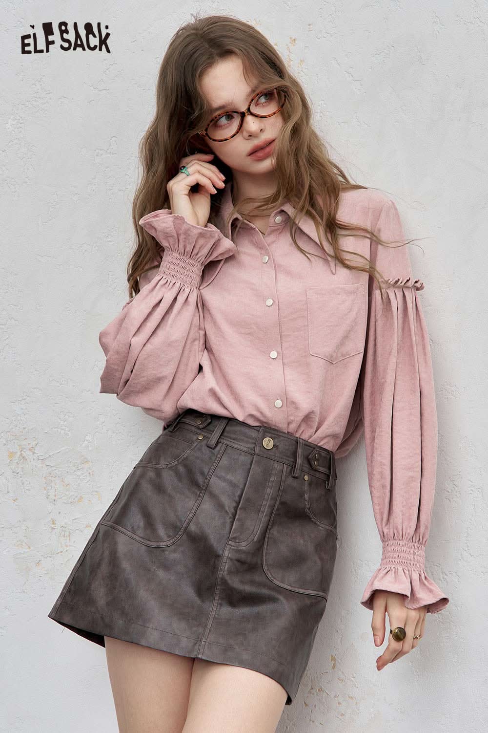 ELFSACK preppy ruffle sleeve shirt for women in pink with stylish puffed sleeves and button-up design