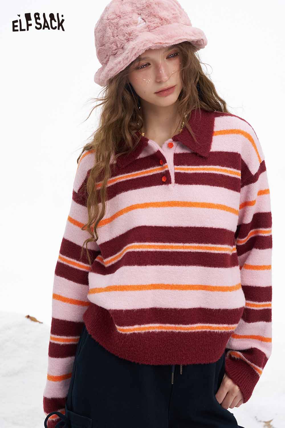 ELFSACK preppy striped polo sweater in pink and burgundy with a cozy design for stylish outfits