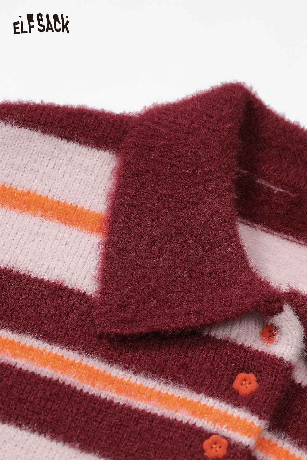 Soft ELFSACK preppy striped polo sweater featuring burgundy and orange stripes with a classic collar