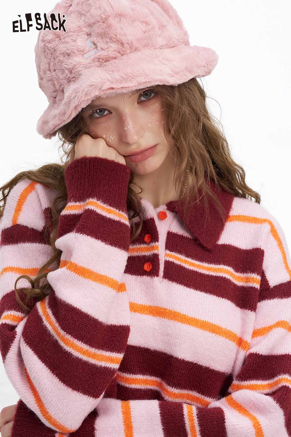 ELFSACK preppy striped polo sweater in pink and maroon with a collar, perfect for casual outfits