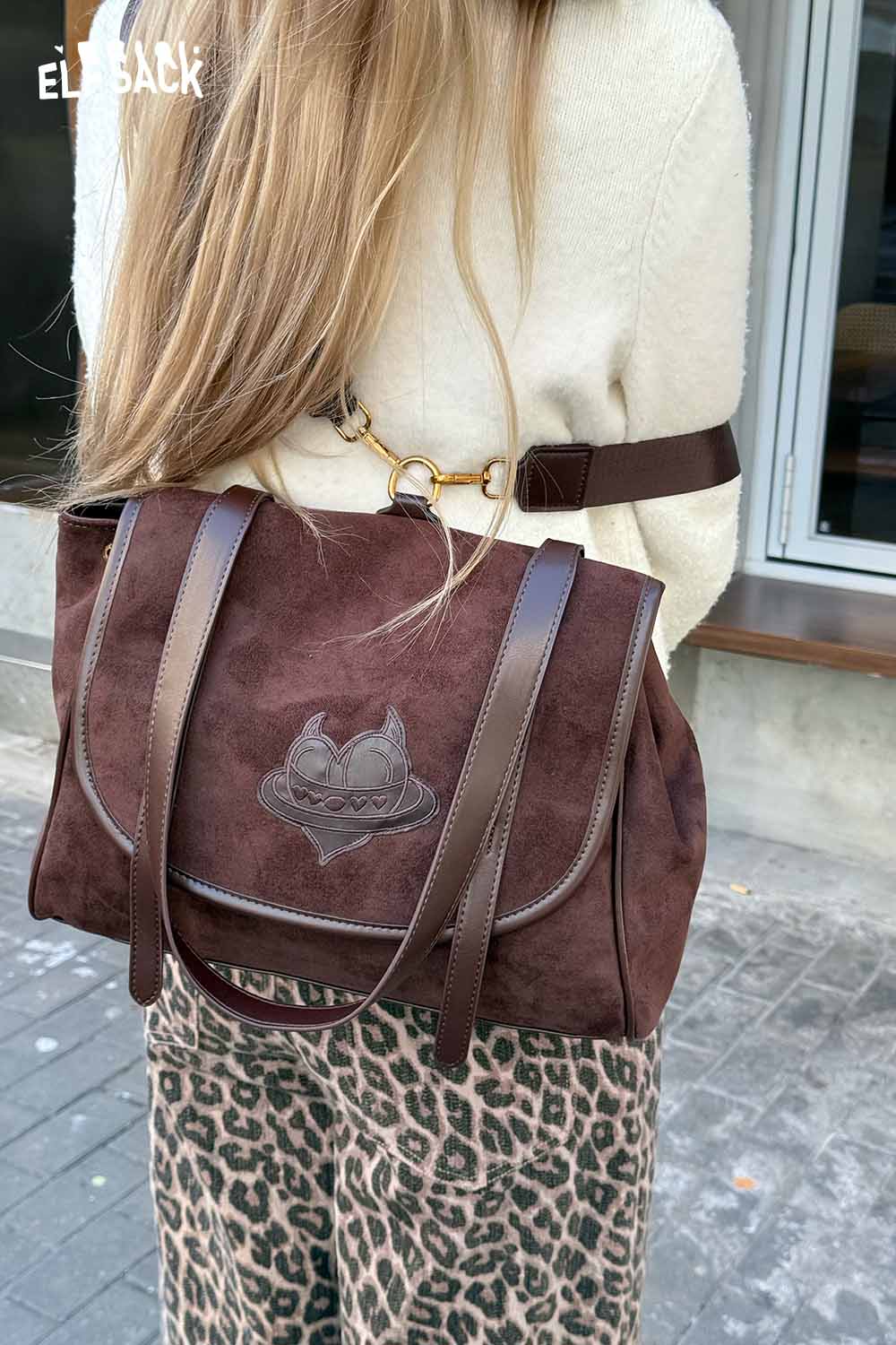 ELFSACK preppy suede backpack for women with stylish design and adjustable straps