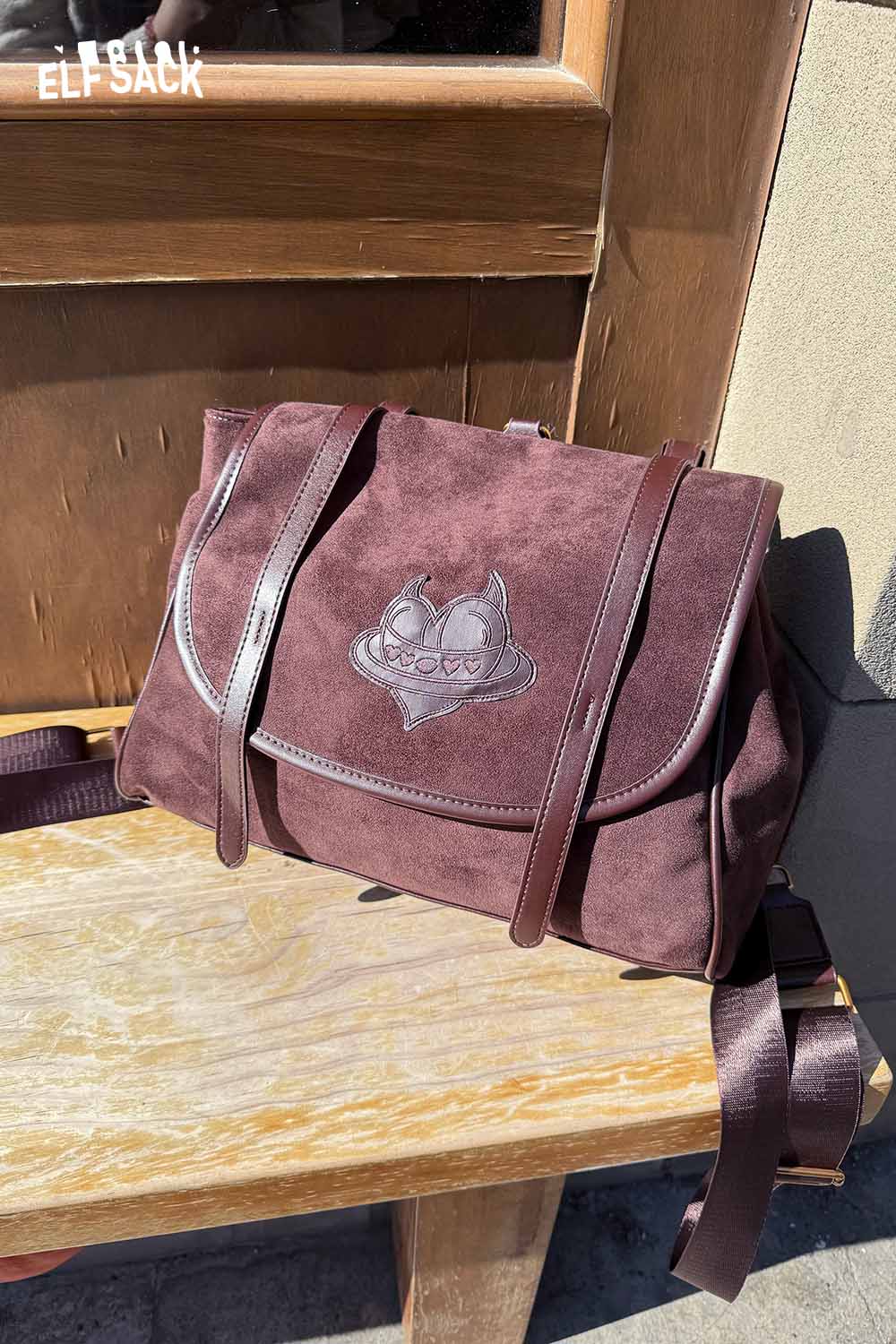 ELFSACK preppy suede backpack for women in burgundy with stylish logo and adjustable straps