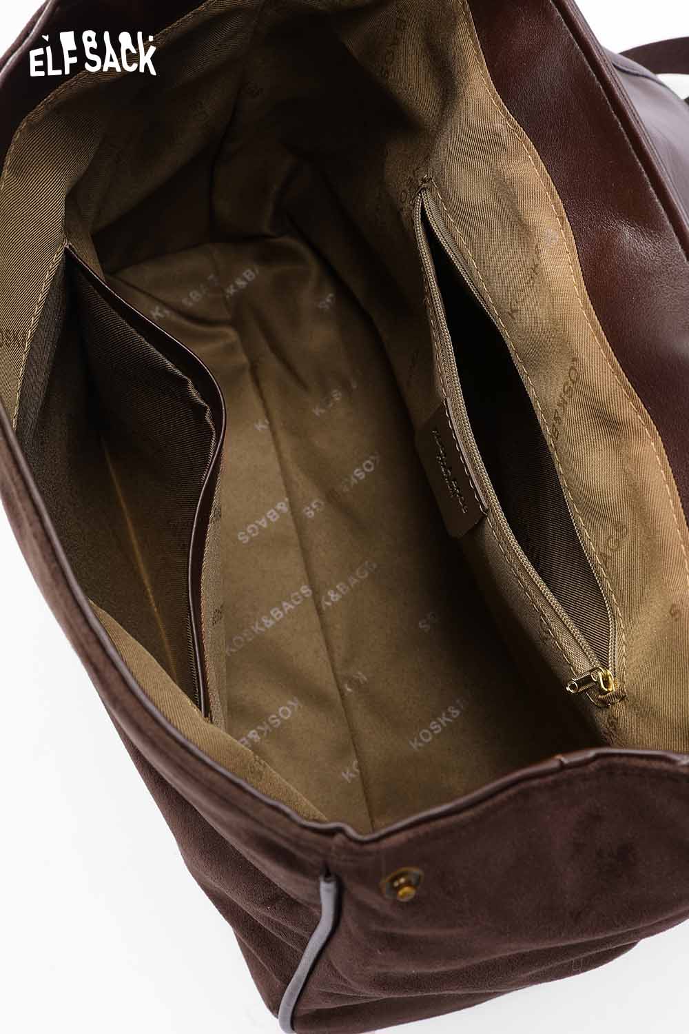 Interior view of ELFSACK preppy suede backpack for women showing spacious compartments and stylish lining