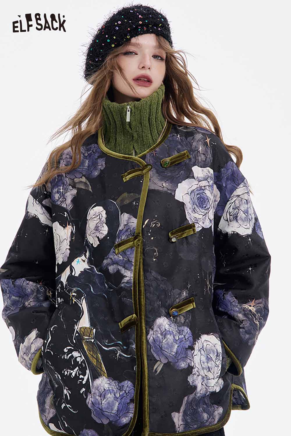 ELFSACK preppy zip up ribbed sweater paired with a floral oversized jacket for a trendy look