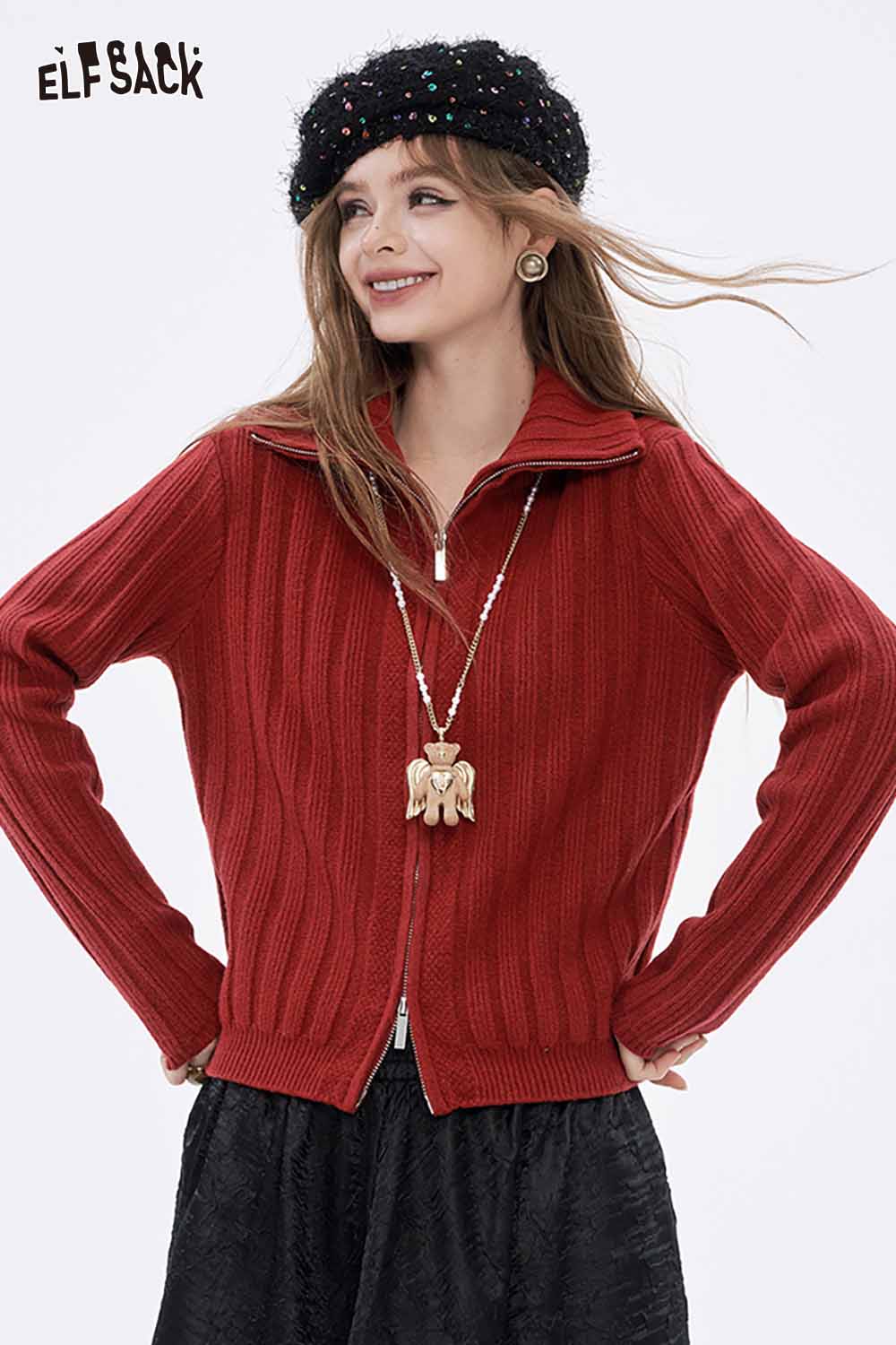 ELFSACK preppy zip up ribbed sweater in rich red with a stylish collar and relaxed fit
