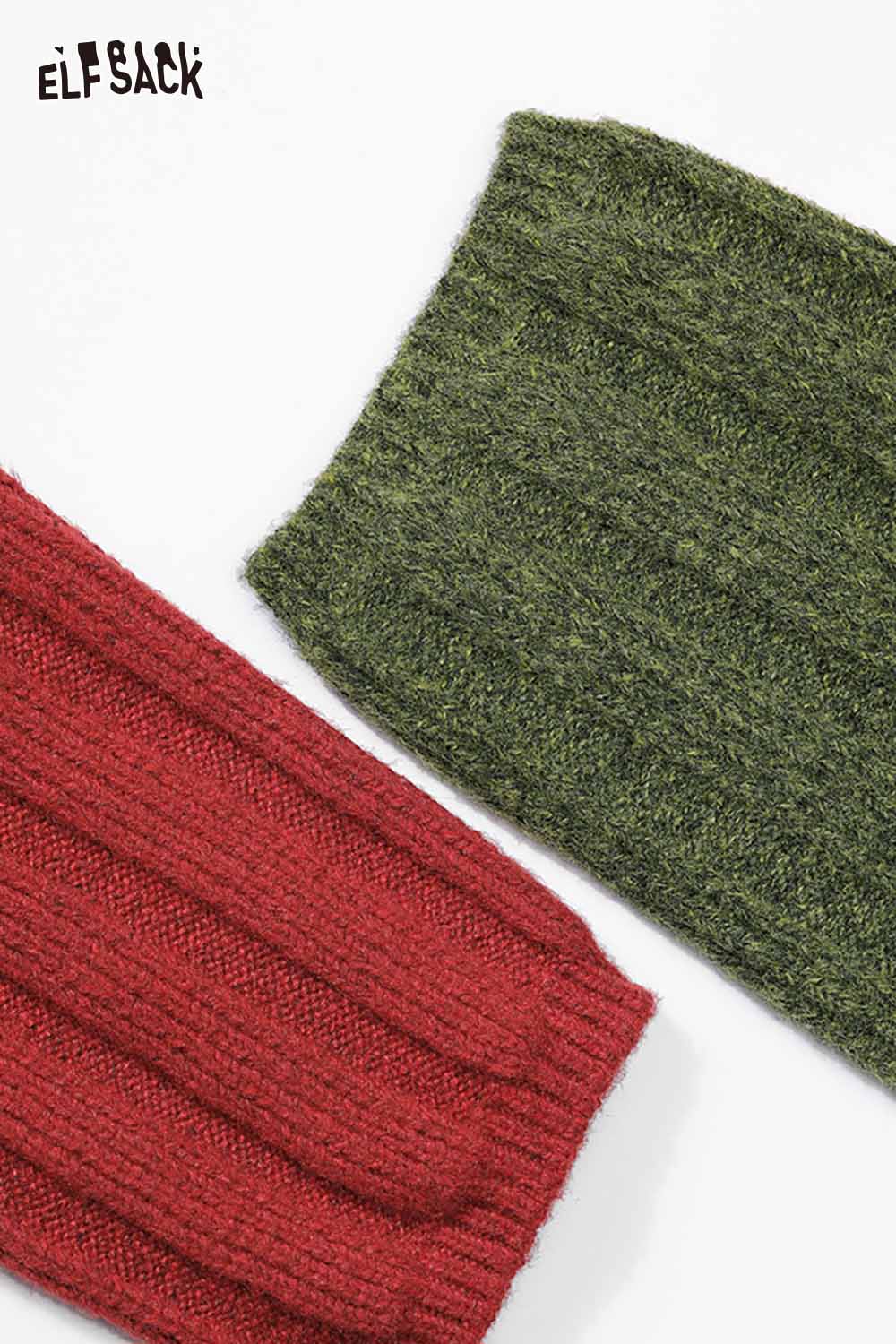 ELFSACK preppy zip up ribbed sweater in red and green showcasing textured fabric and modern style