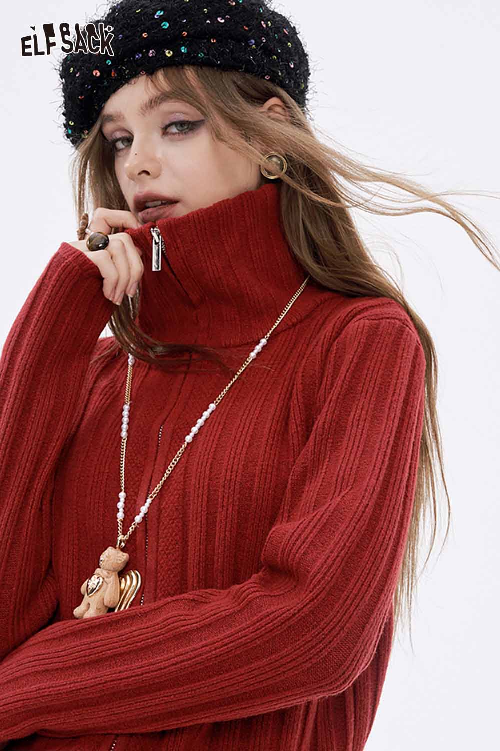 ELFSACK preppy zip up ribbed sweater in red with high collar and stylish accessories