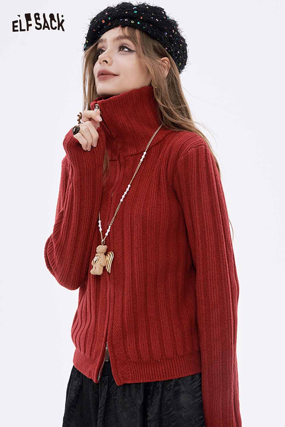 ELFSACK preppy zip up ribbed sweater in red with a high collar and stylish ribbed design