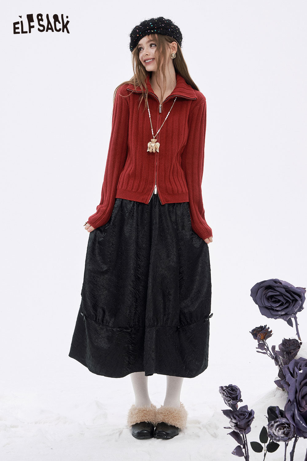 ELFSACK preppy zip up ribbed sweater in red with a stylish design and a layered skirt