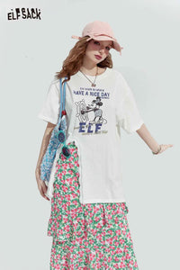 Print Ruffle Slit Oversized T Shirt