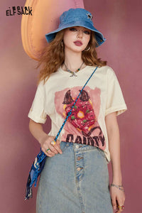 Printed Loose Short Sleeve Hem Slit Mid-Length Top