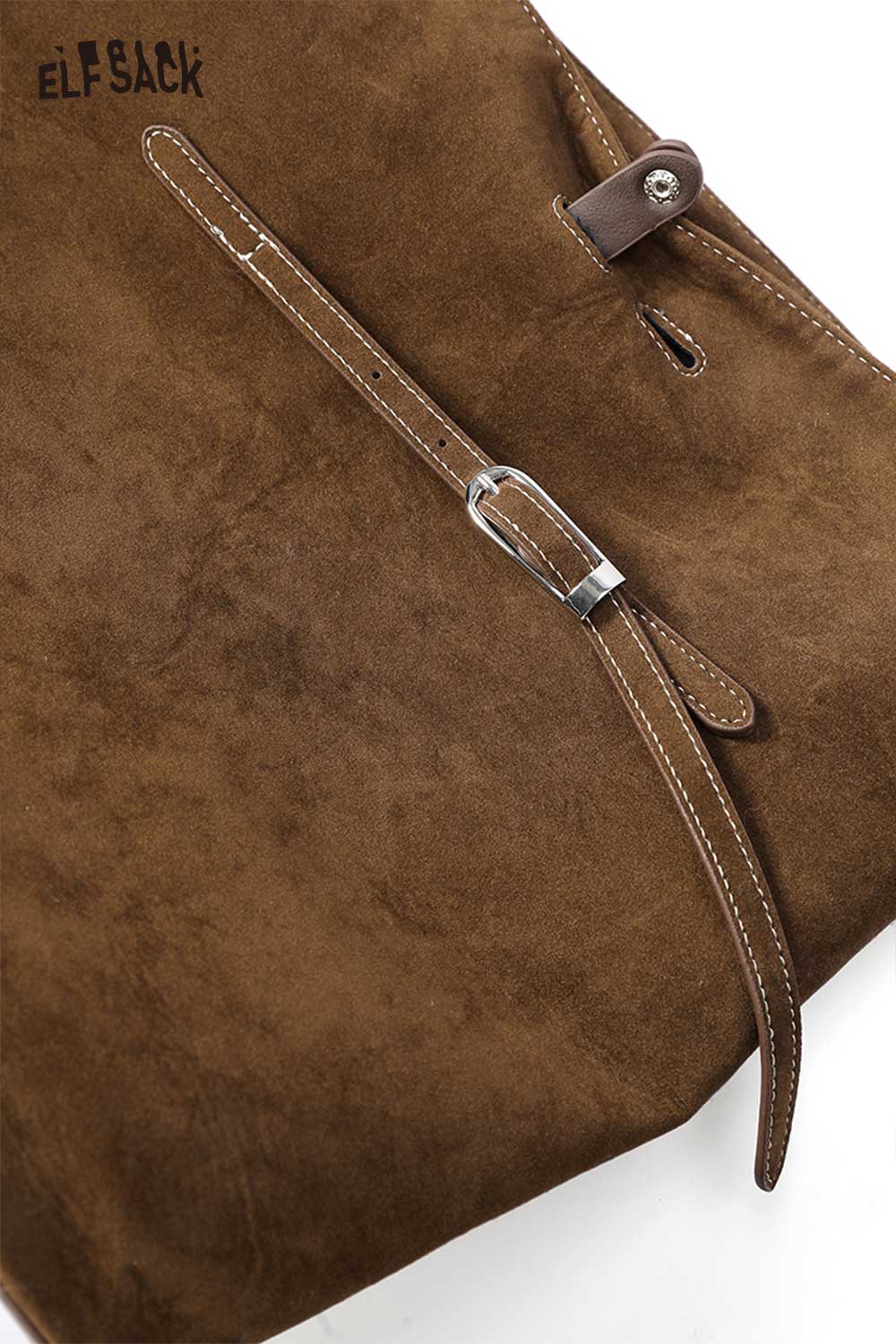 Brown ELFSACK PU leather bucket bag for women with a stylish adjustable strap