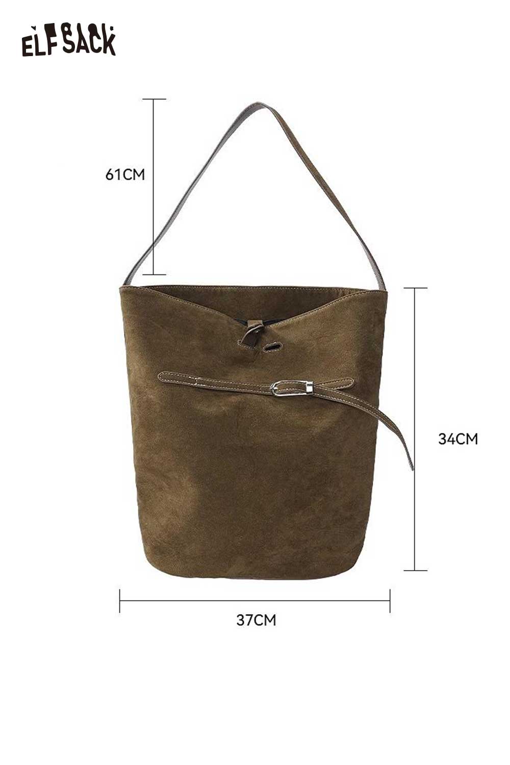 ELFSACK PU leather bucket bag for women in brown with adjustable strap and zipper detail