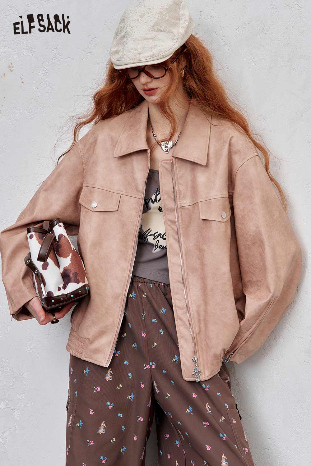 ELFSACK PU leather motocross jacket for women in soft beige with oversized fit and casual style