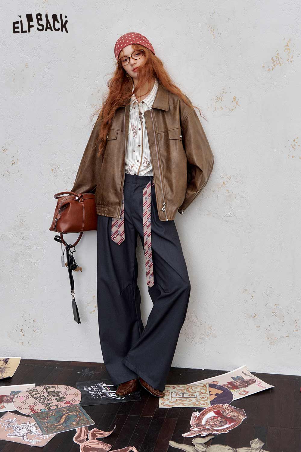 Stylish ELFSACK PU leather motocross jacket for women with a vintage look and oversized fit