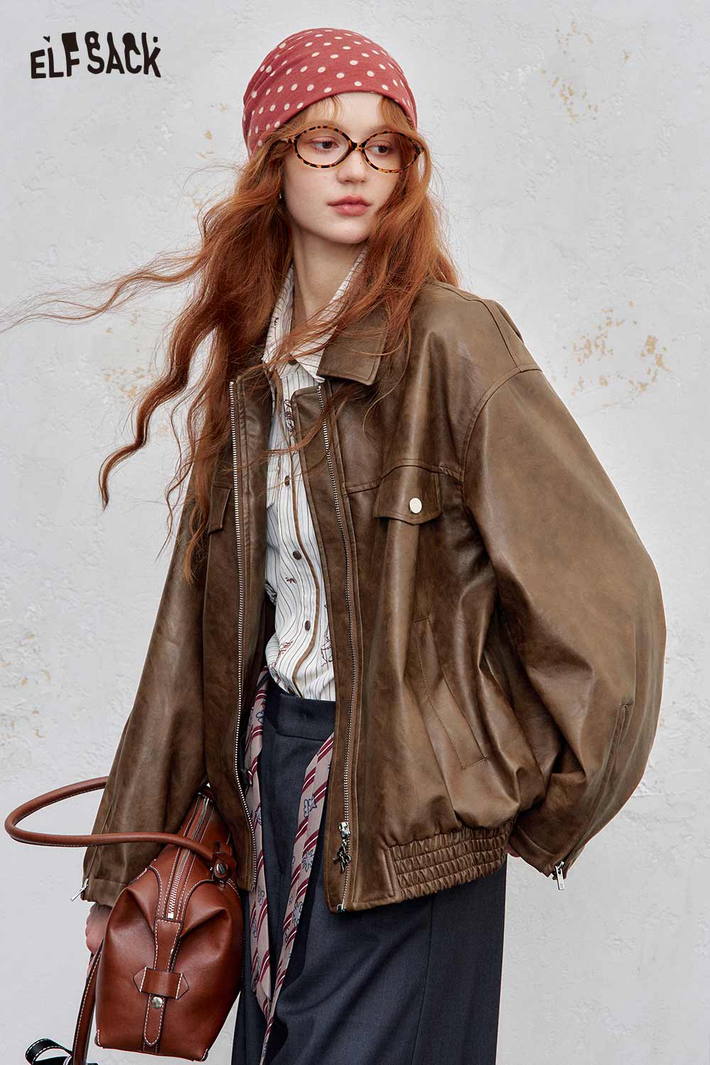 ELFSACK PU leather motocross jacket for women in brown with a relaxed fit and stylish design