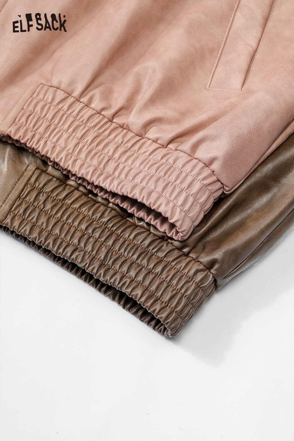ELFSACK PU leather motocross jacket for women featuring elastic cuffs in pink and brown colors