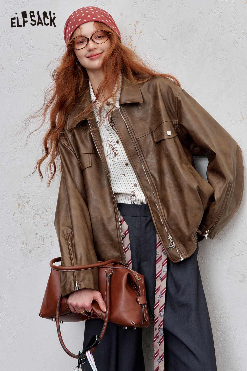 ELFSACK PU leather motocross jacket for women in brown with a stylish casual look
