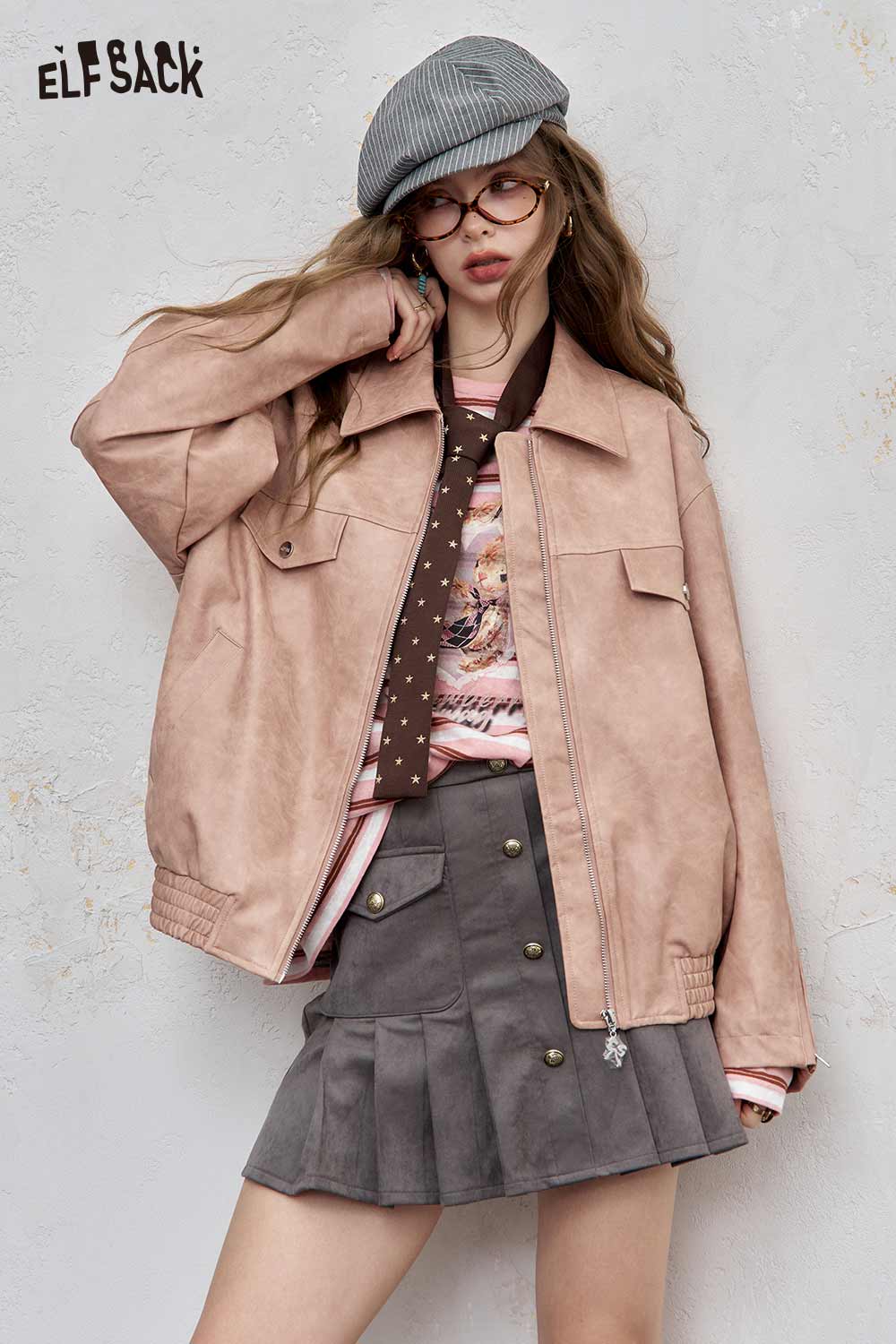 ELFSACK stylish pink PU leather motocross jacket for women paired with a cute skirt and accessories