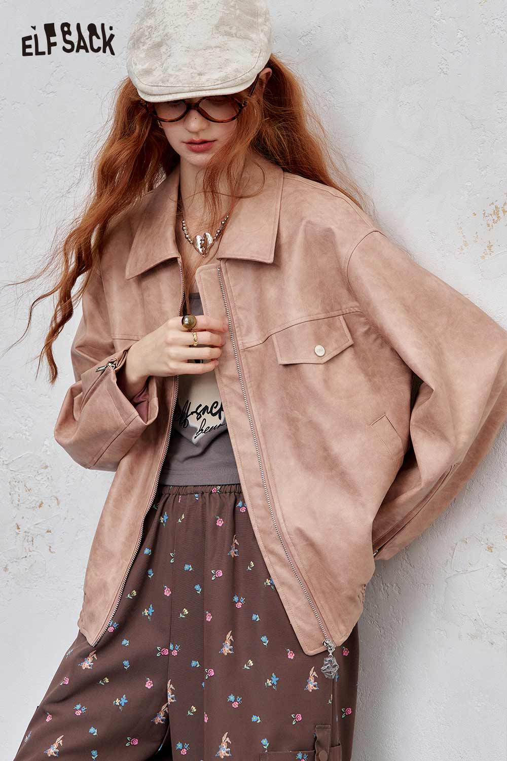 ELFSACK PU leather motocross jacket for women in soft pink with relaxed fit and casual style
