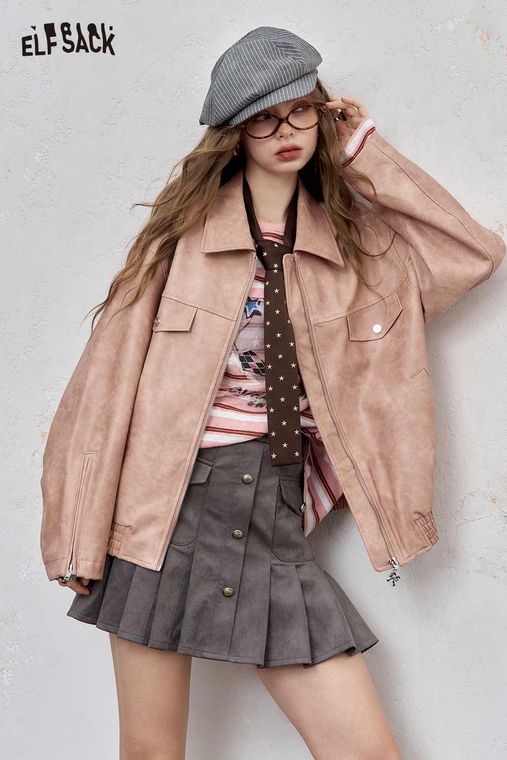Stylish ELFSACK PU leather motocross jacket for women in soft pink with oversized fit and pockets