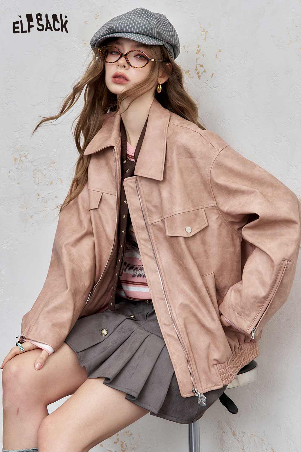 Stylish ELFSACK PU leather motocross jacket for women in pink with a relaxed fit and front pockets