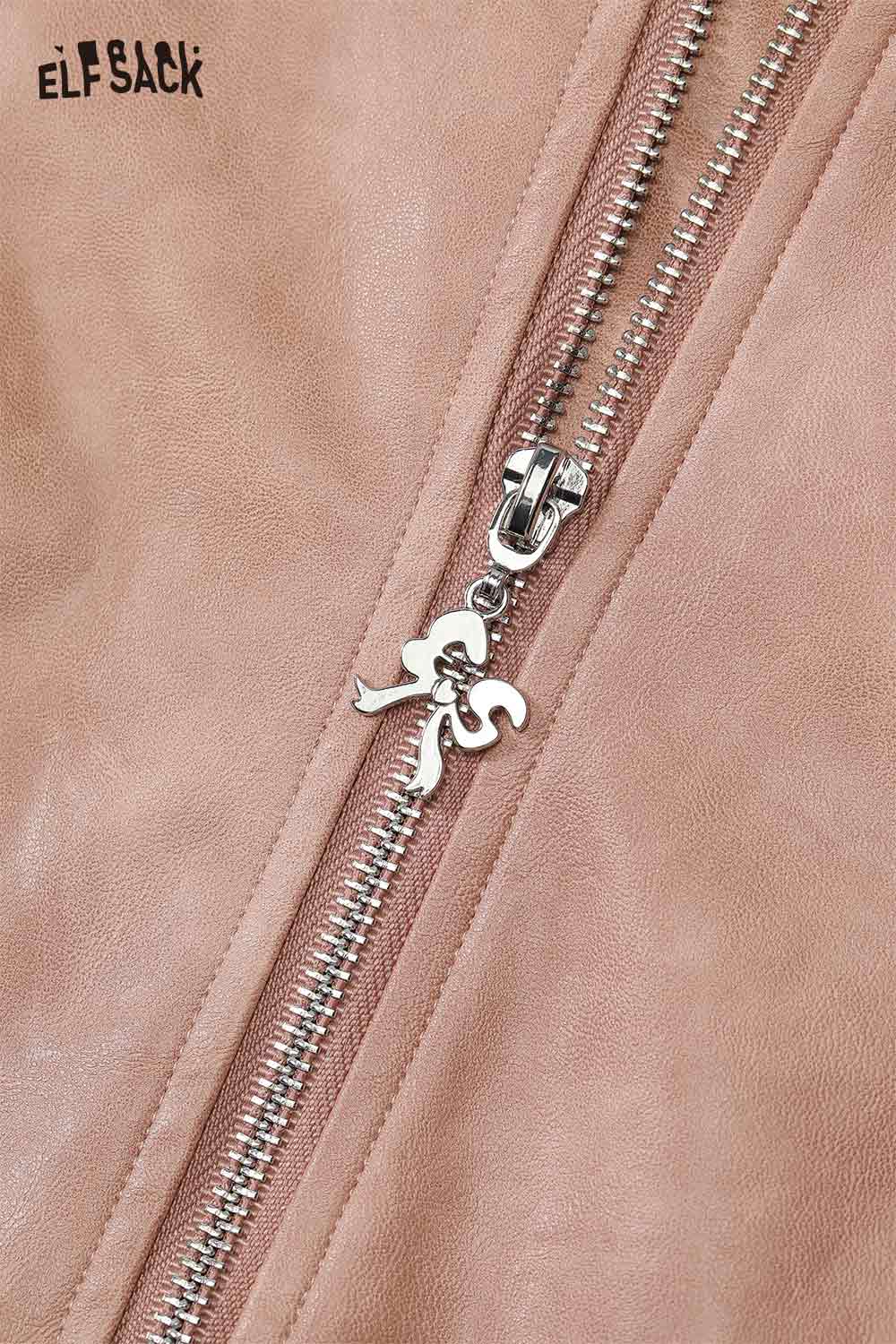 Close-up of ELFSACK PU leather motocross jacket for women featuring a stylish zipper detail