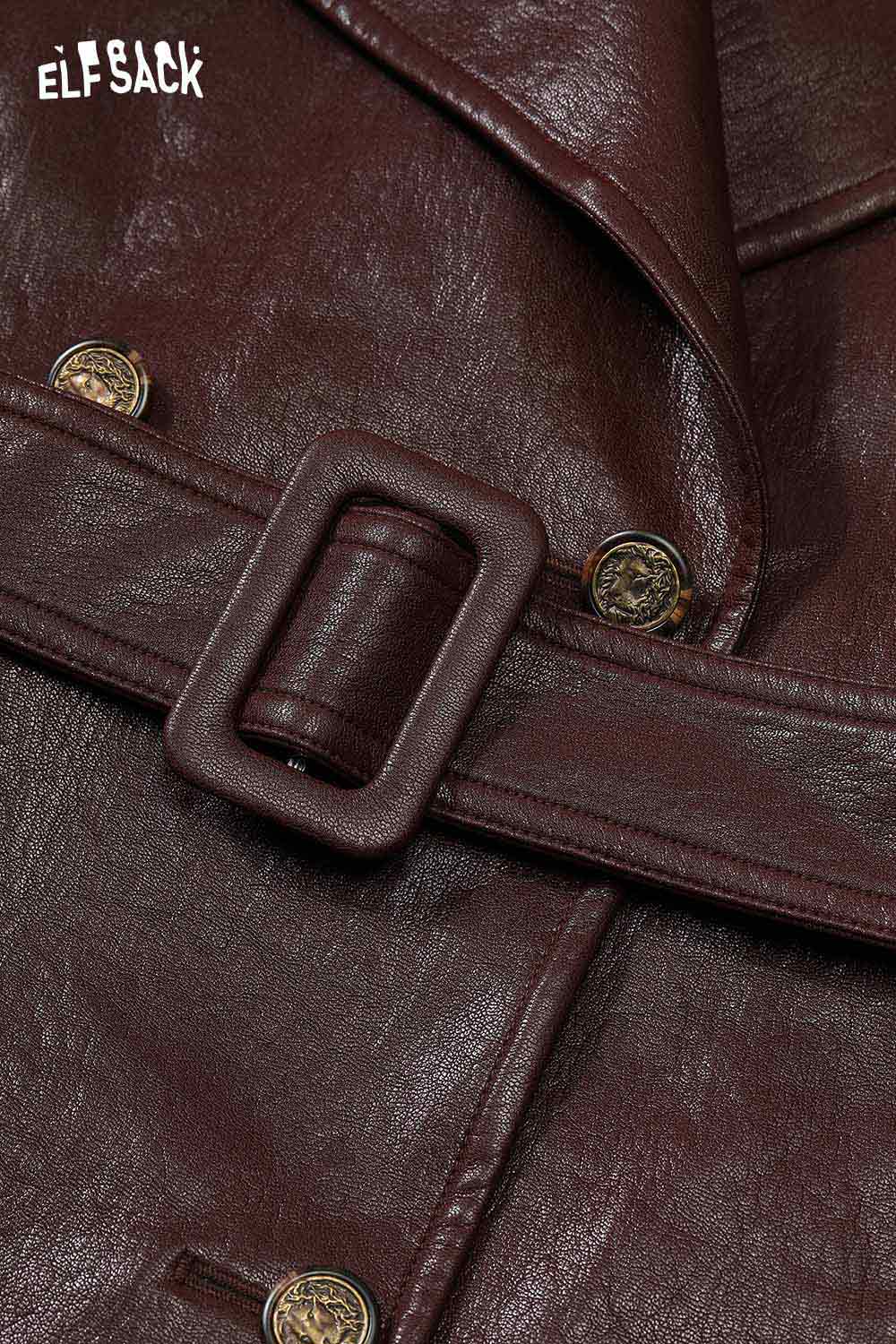 Close-up of ELFSACK PU leather oversized trench coat featuring stylish buttons and a framed belt detail