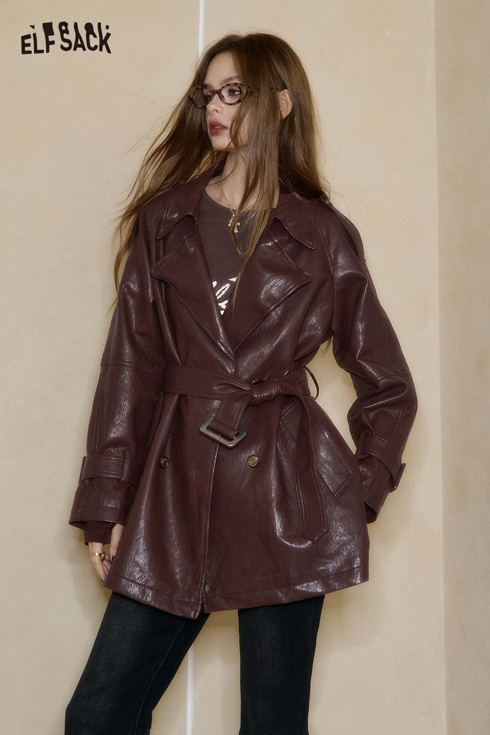 ELFSACK PU leather oversized trench coat in deep burgundy with belted waist detail and stylish design