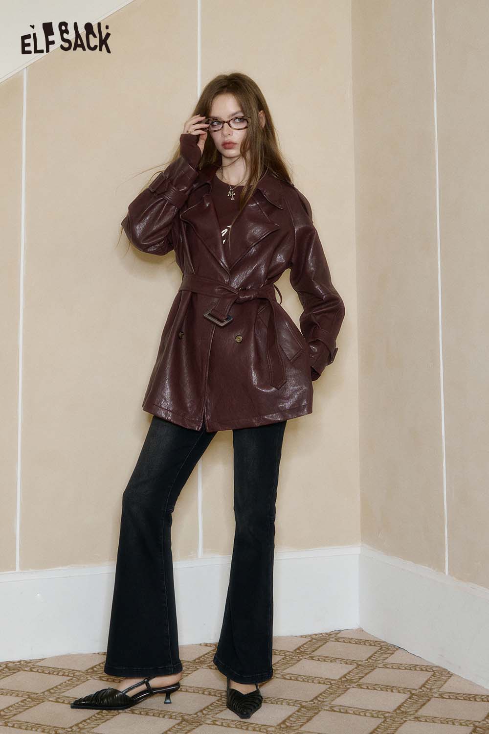 ELFSACK PU leather oversized trench coat in burgundy with a belted waist and fashionable design