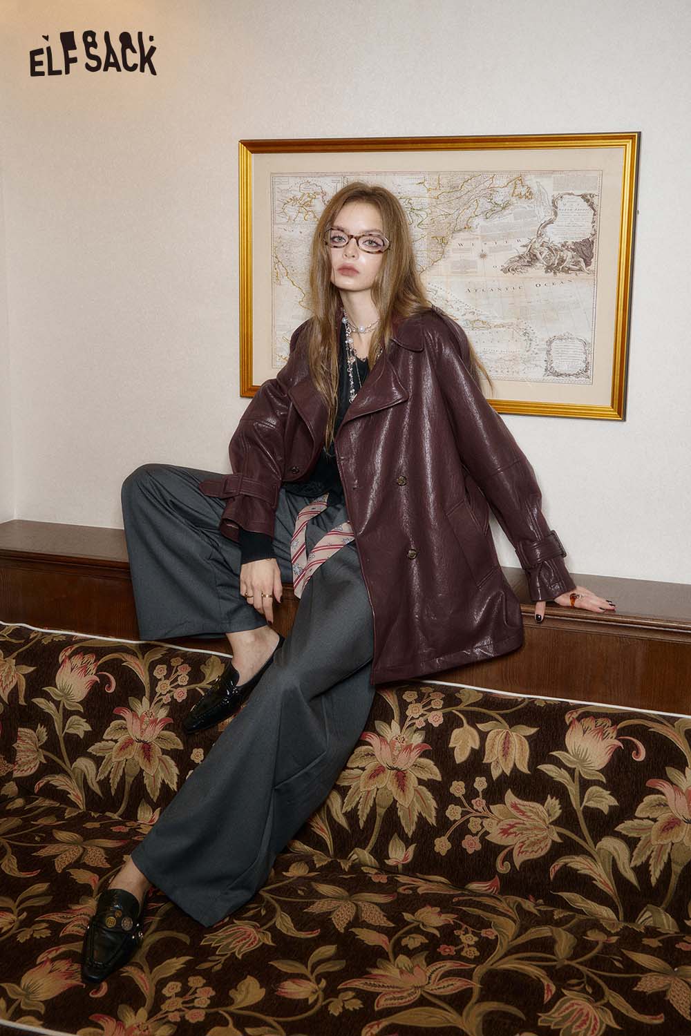 ELFSACK PU leather oversized trench coat in burgundy, styled with wide-leg pants for a trendy look