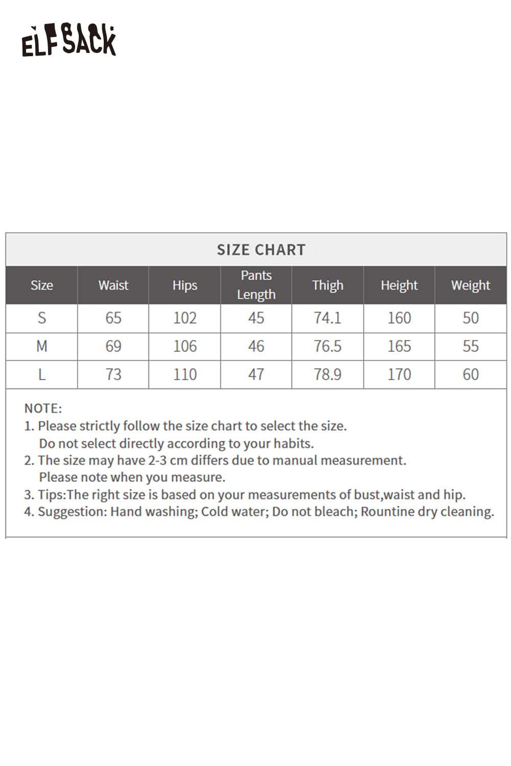 ELFSACK PU leather pleated shorts size chart for accurate fit and measurements
