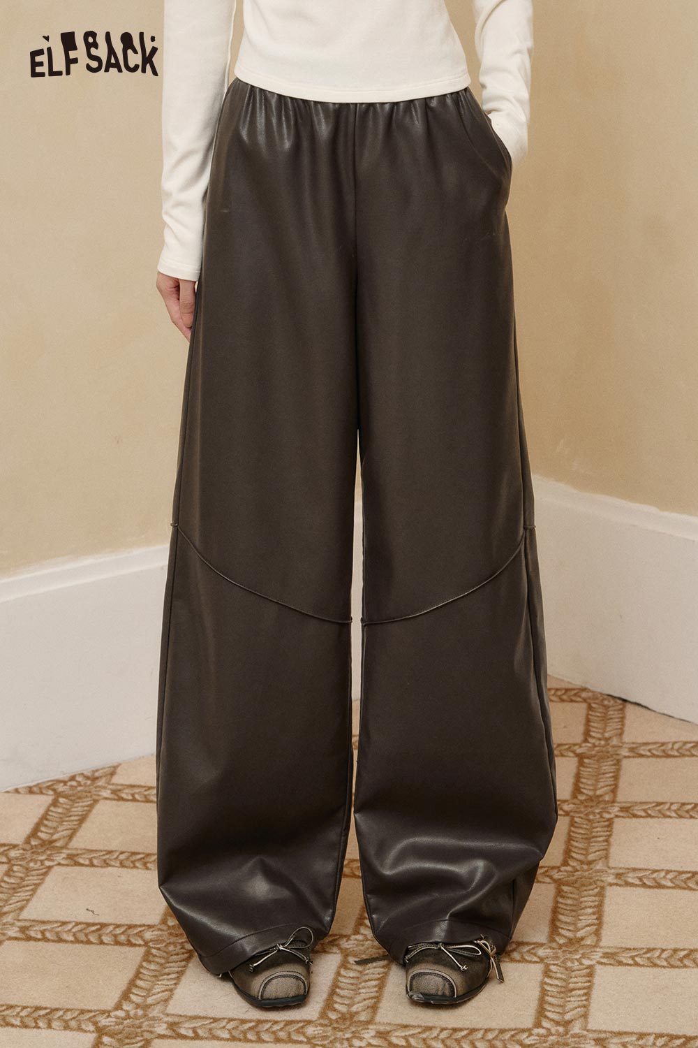 ELFSACK PU leather relaxed fit trousers with wide legs and side pockets for a stylish look