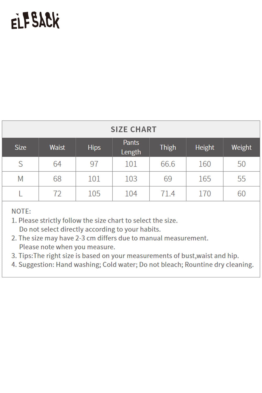 ELFSACK PU leather relaxed fit trousers size chart with measurements for waist, hips, and length