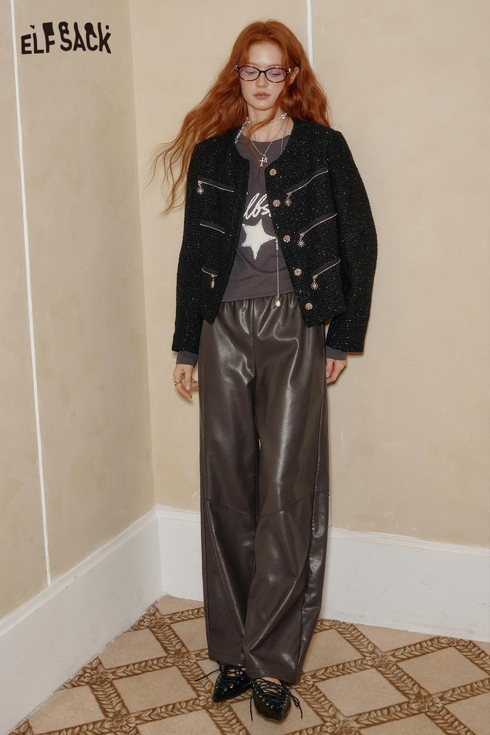 ELFSACK PU leather relaxed fit trousers paired with a stylish jacket for a fashionable look