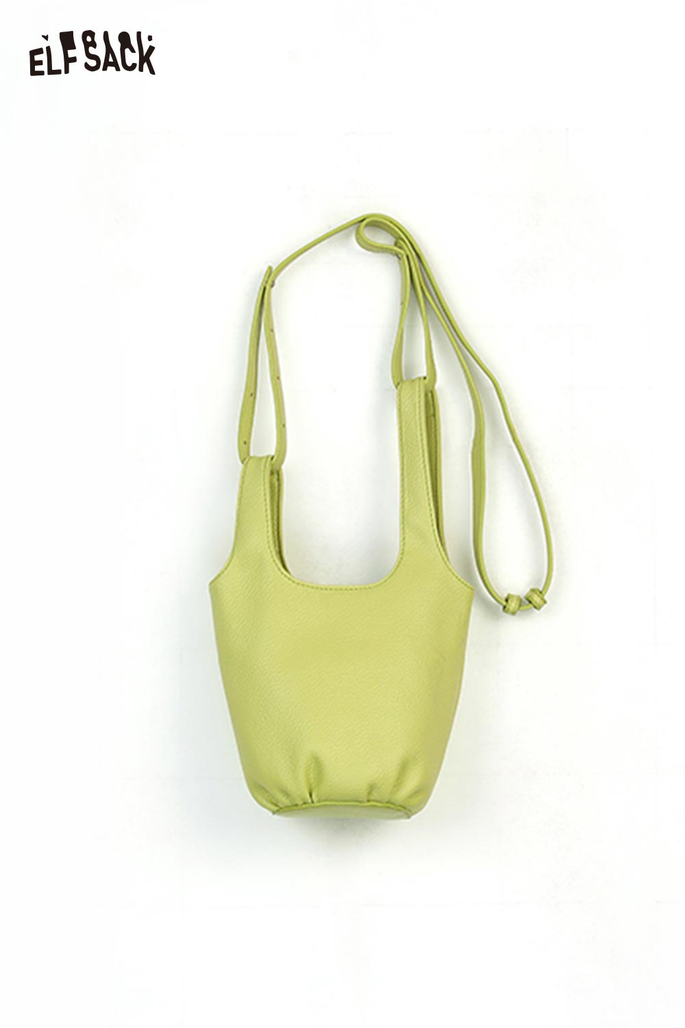 ELFSACK light lime green PU leather bucket bag with adjustable long strap and minimalist curved top