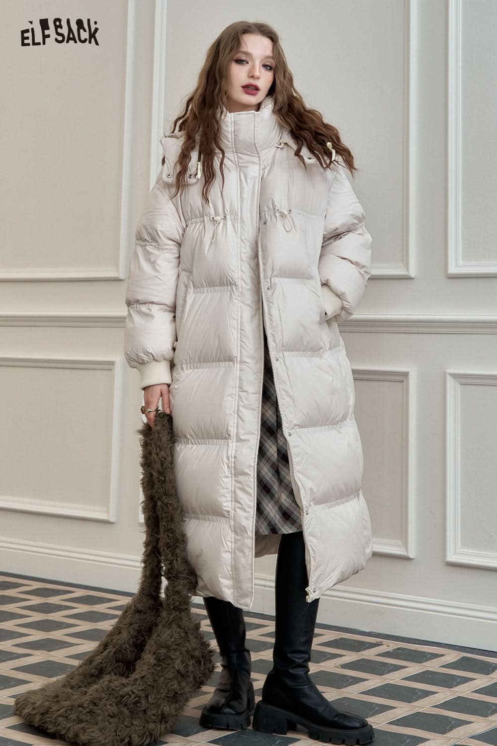 ELFSACK Women's Beige Puffer Coat with Long Length and Stylish Design for Warmth and Comfort