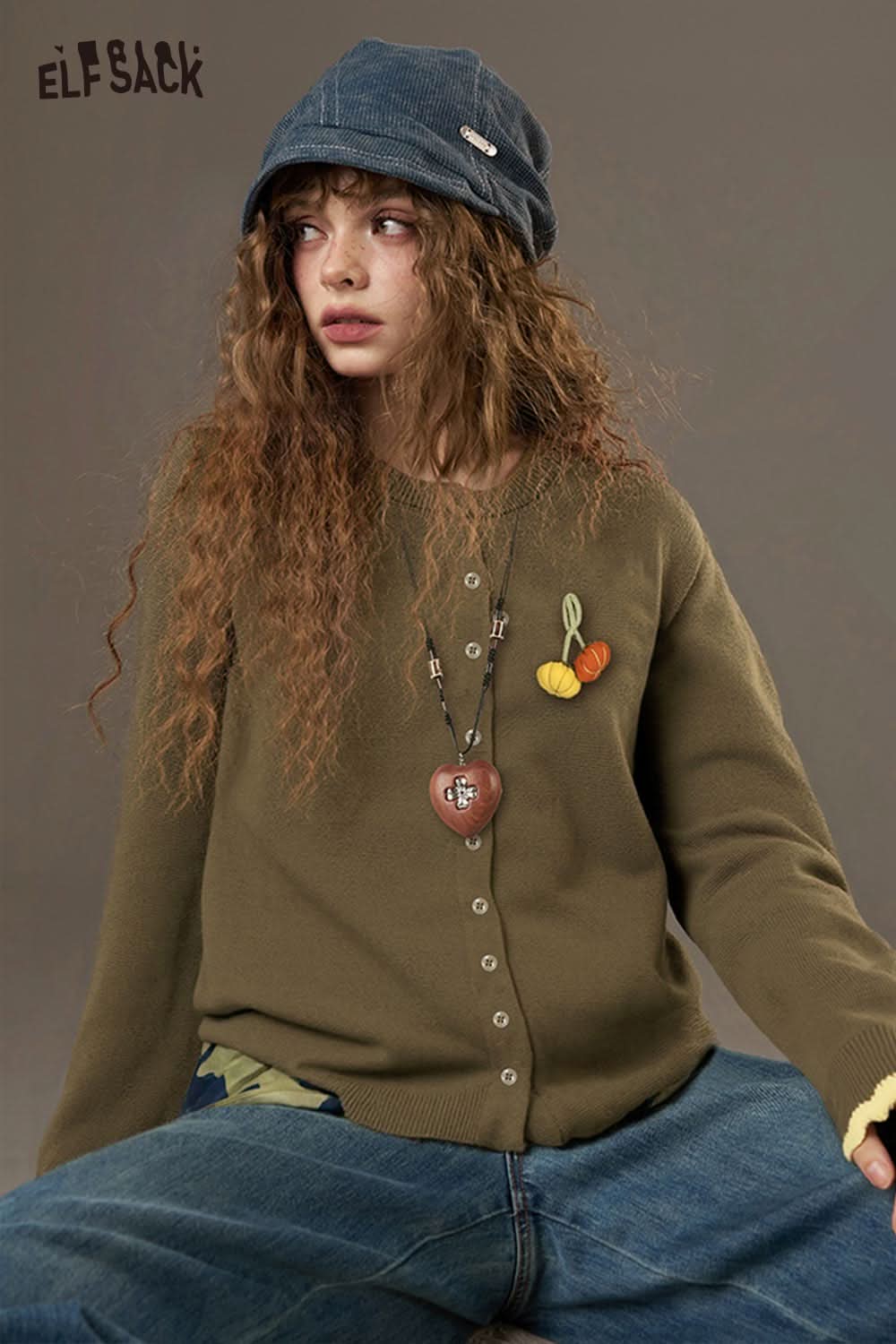 ELFSACK pumpkin embroidery knit cardigan in olive green with decorative buttons and playful accents